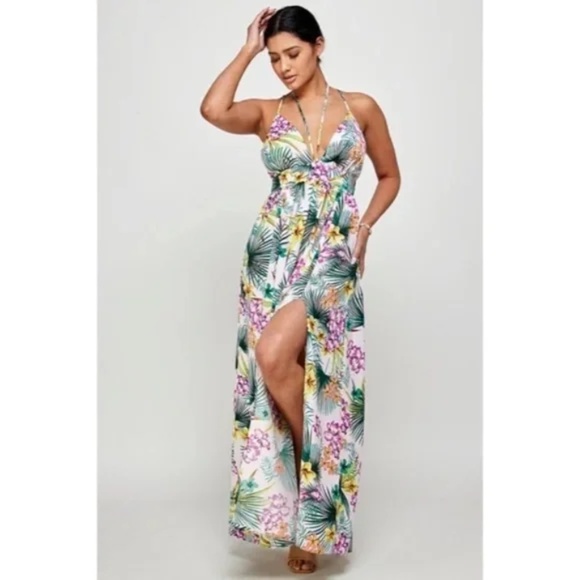 Purple Tropical Floral Palm Vacation Cruise Summer Sexy Slit Maxi Halter Dress - Picture 1 of 5